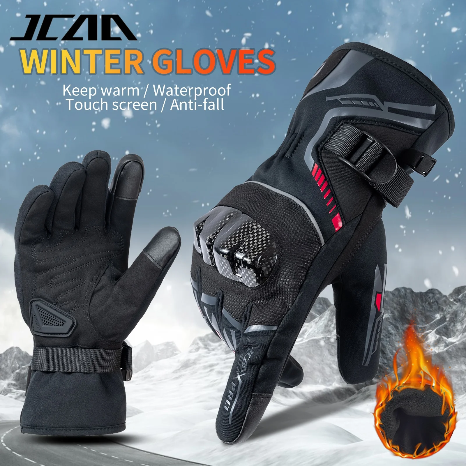 Winter Motorcycle Gloves - Windproof, Waterproof, Touchscreen-Compatible, Warmth with Carbon Fiber Protection, Black