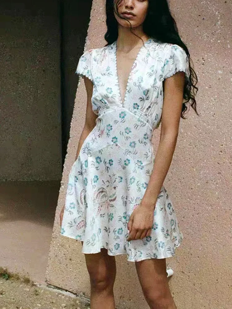 

Women Mini Dress Embroidery Trim A-line High Waist Slim Summer Deep V Floral Robe