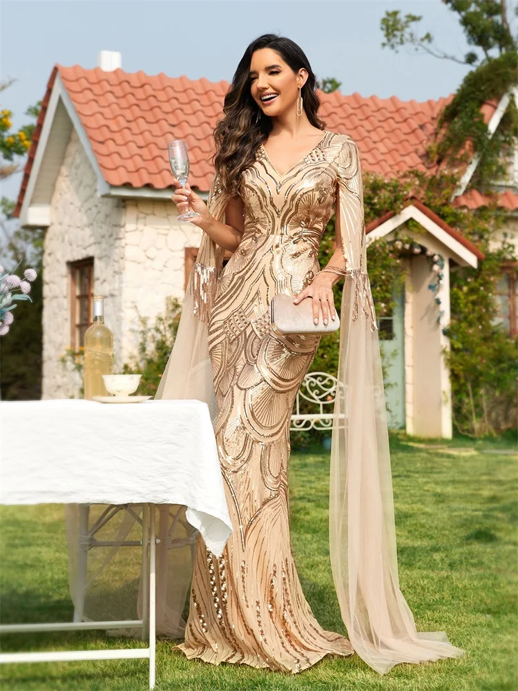 S90308e1141084d618a9e370b09b1ad47D Luxury Gold Sequins Evening Dress Women Long Elegant Female Guests Wedding Party Prom Cocktail Dresses Gowns Mallzona
