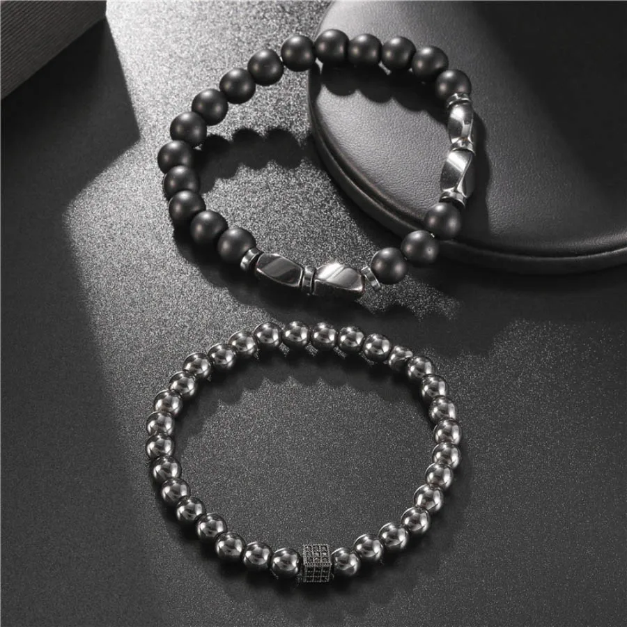 Men Black Onyx Hematite Beaded Luxury Zirconia Bracelet Set