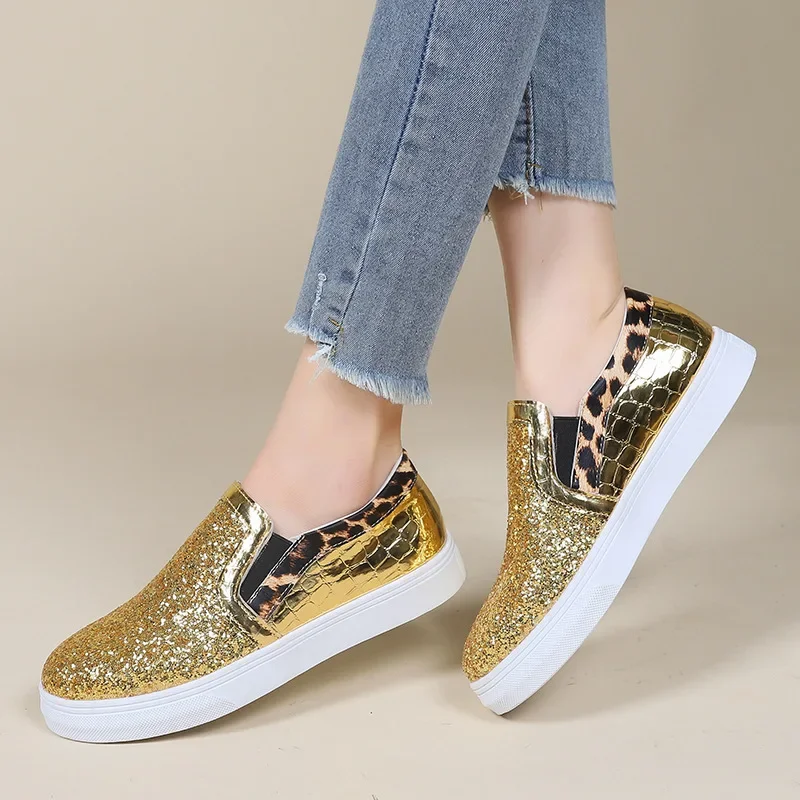 

Women Flats Elastic Mixed Color Bling Casual Sports Shoes for Women Slip on Spring Summer Chaussure Femme Gold Sliver Tennis