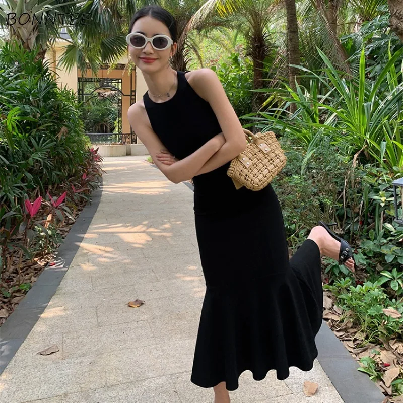 Black Sleeveless Dresses Women Mid-calf Slim Fit Trumpet Hip Wrapped ...