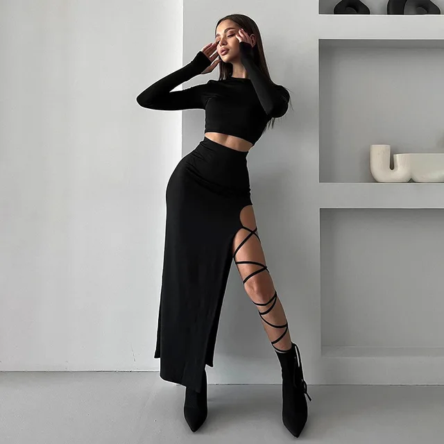 Chic Women's Y2k Two-Piece Dress Fashion Long Sleeve Crop Top Dress With Hollows Details Sexy Party Dress Night Club Wear