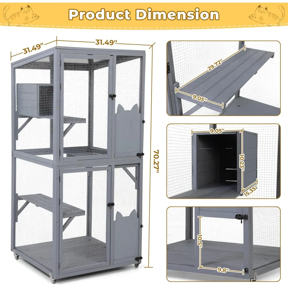 Outdoor Cat Enclosure Window Access, Outdoor Cat House with Wheels, Cage for Cats Indoor