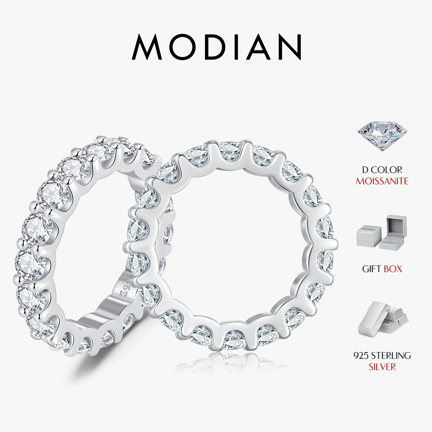 MODIAN D Farbe Moissanit Dazzling Ring 925 Sterling Silber Luxus Runde Ewigkeit Band Ringe Für Frauen Hochzeit Edlen Schmuck Geschenk