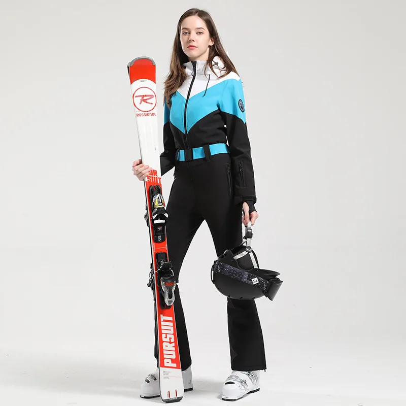 One-piece Ski Suit Female Snowbard Retro Slim Waist Windproof Waterproof Warm Hooded Jacket Pants Set Snow Outfit for Women