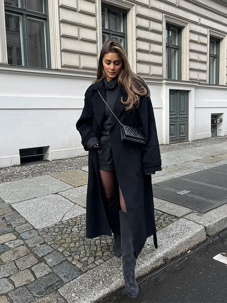 Elegant With Belt Black Long Coat For Women Oversize Woolen Double Button Lapel Overcoat Autumn New Lady High Street Outerwear 6