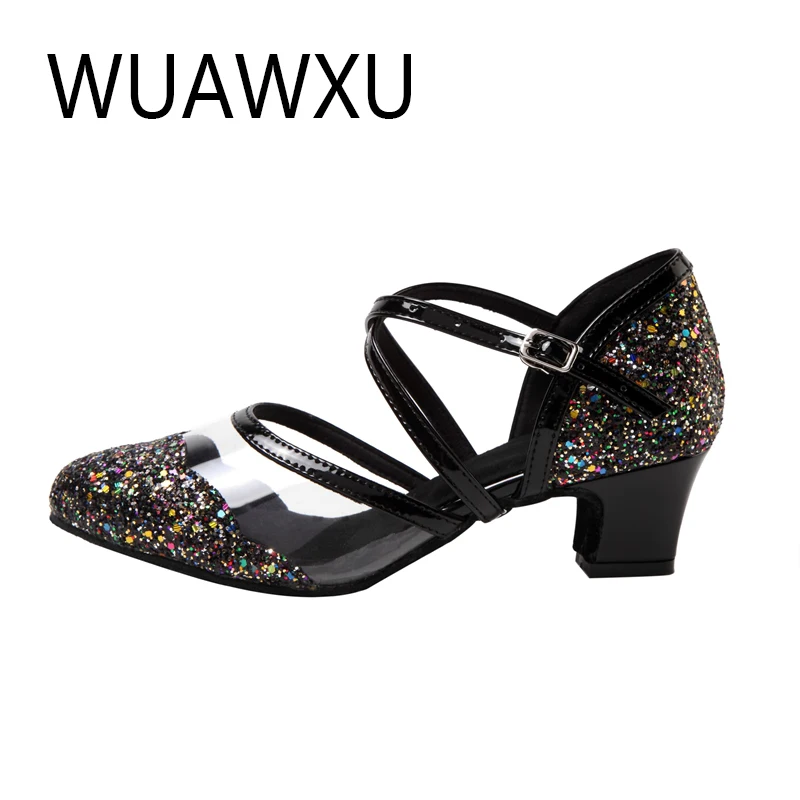 WUAWXU hot selling black and white flash cloth women's Latin dance shoes National standard dance shoes Party square dance shoes