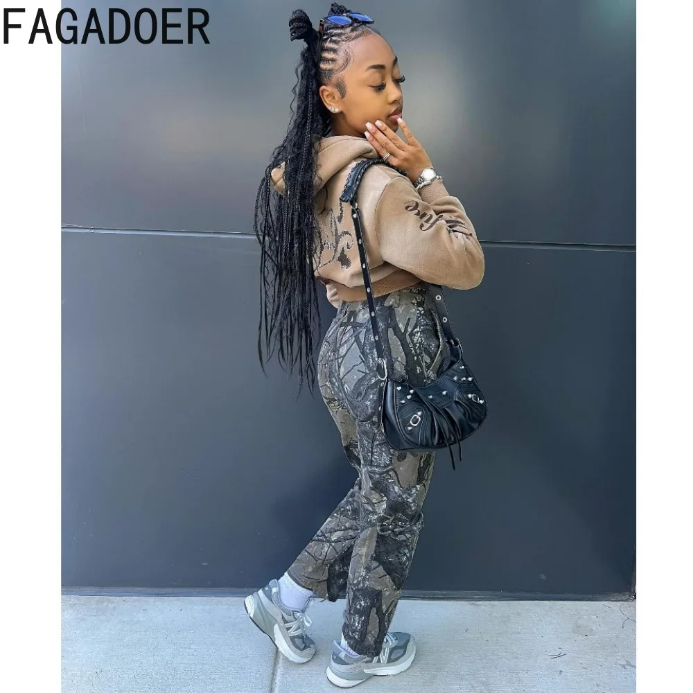 FAGADOER Spring New Splicing Camouflage Print Jogger Pants Women High Waisted Button Pocket Trousers Casual Female Trend Bottoms