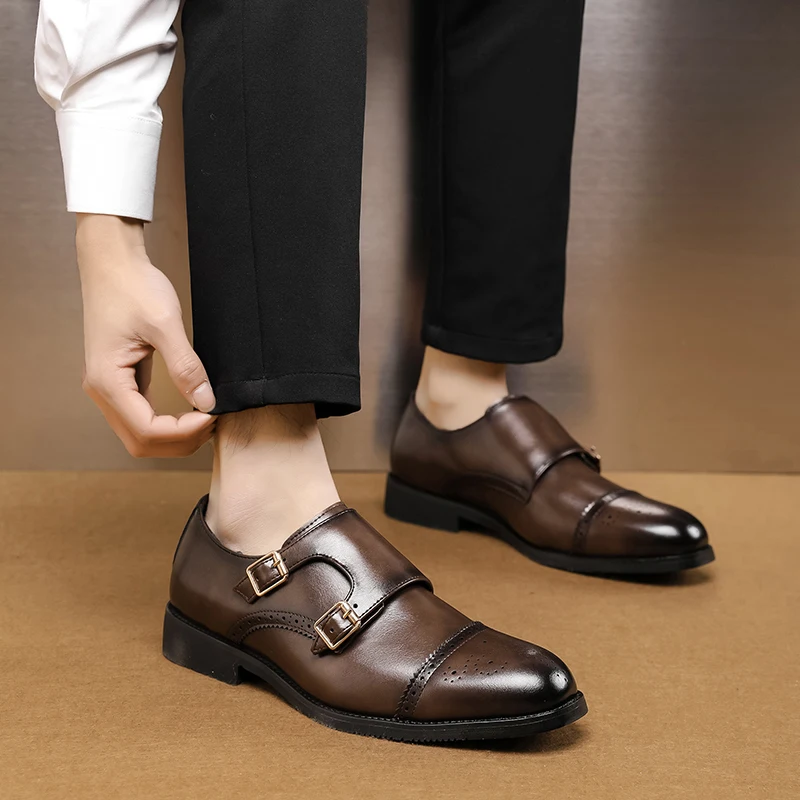 WAERTA Classic Double Buckle Men's Block Low Top Leather Shoes Fashionable Business Banquet Party Brown Pointed Leather Shoes mens brogue shoes