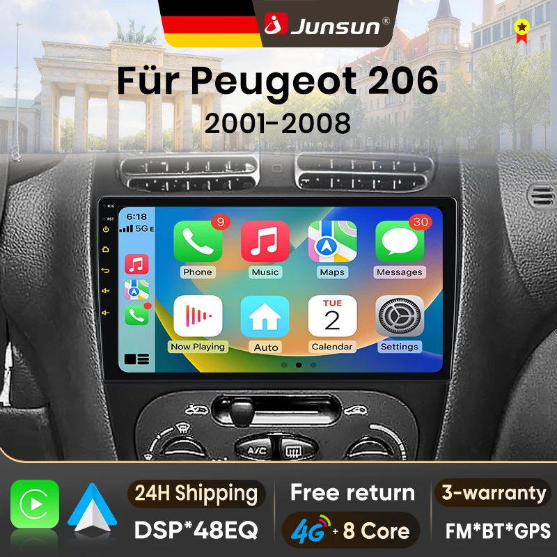 Radio para Auto Junsun de 9 Pulgadas con Android 15 para Peugeot 206 206CC 206SW 2000-2008, Inalámbrico para Apple CarPlay, Pantalla IPS, Reproductor Multimedia Estéreo, Sistema Inteligente para Auto, Unidad Principal Autoradio 2 Din, Navegación GPS, BT, 4G, WIFI, FM, AM, DSP, RDS, SWC, DAB+ 1
