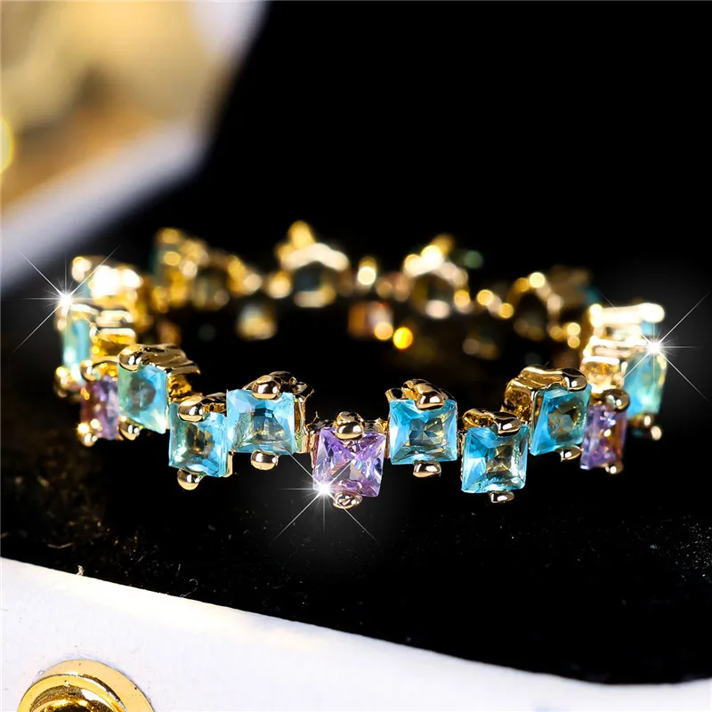 Cute Female Blue Purple Zircon Stone Square Engagement Ring Gold Color Wedding Jewelry For Women