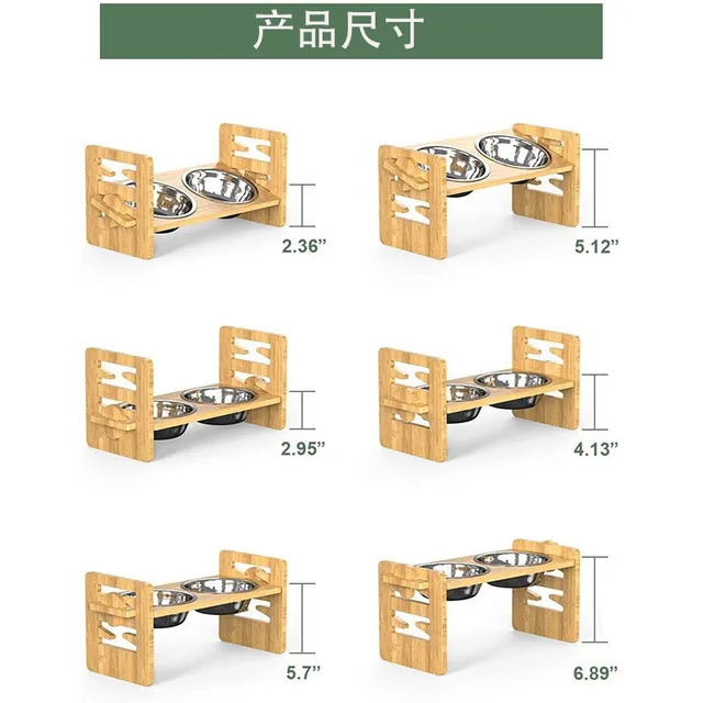 1PC Bamboo Adjustable Raised Elevated Pet Food Bowls,Stand Feeder with 2 Bowls and Anti Slip Feet for Comfort Feeding 3