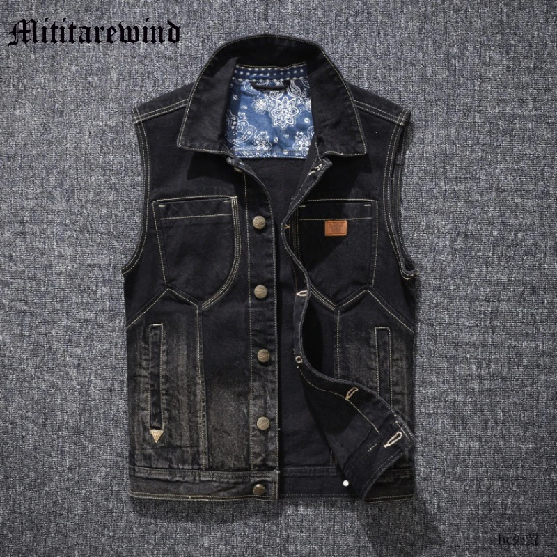 

Vintage Slimming Black Denim Jckets Fashion Vintage Sleeveless Vest Male Hip Hop Retro Claasic Versatile Daily Coats Unisex