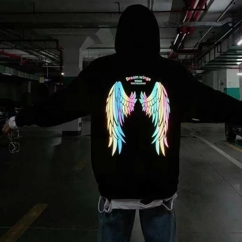Fall Personality Black Reflective Angel Wings Men's Hoodie Casual Loose Gothic Tops Hip Hop Street Men's and Women's Pullovers