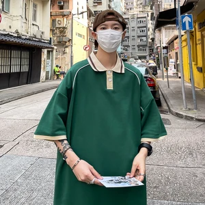 Рубашка-поло мужская с короткими рукавами, модная уличная одежда в стиле пэчворк, с отложным воротником, большие размеры, в Корейском стиле