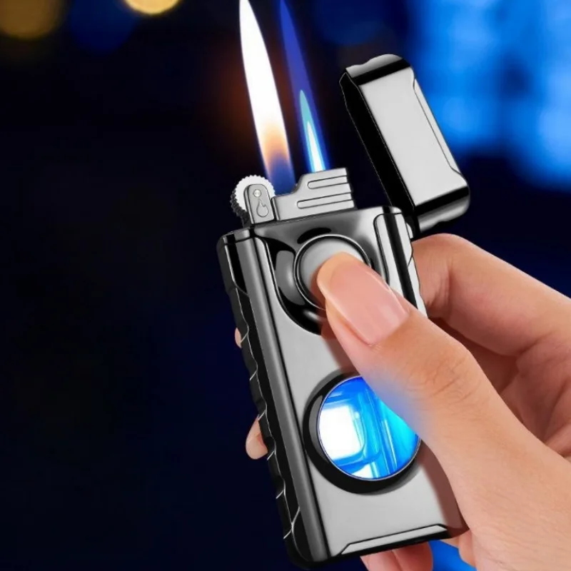 

Metal Double Fire Straight Into Lighter Butane Gas Men's Portable See-Through Transom Blue Light Inflatable Cigarette Lighter