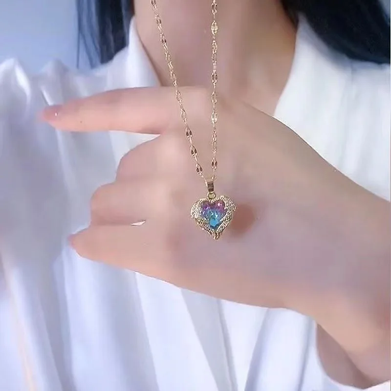 Luxury Colorful Crystal Ocean Heart Pendant Necklace Female Wedding Neck Chain For Women Jewelry