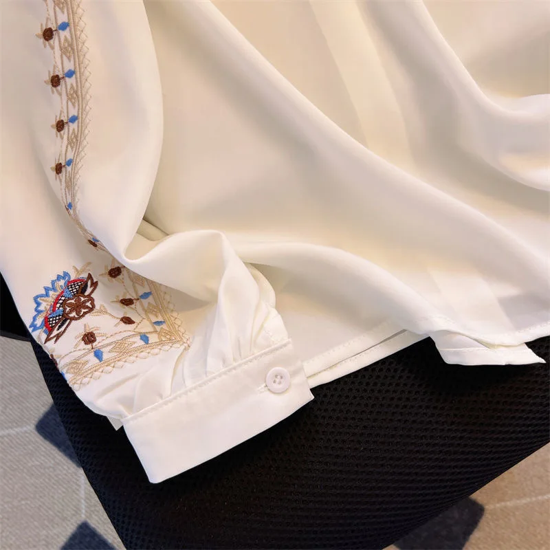 수 놓은 여성은 모든 경기 고품질 여성 우아한 블라우스 숙녀 작업복 셔츠 흰색 꽃 Clothings 쉬폰 탑