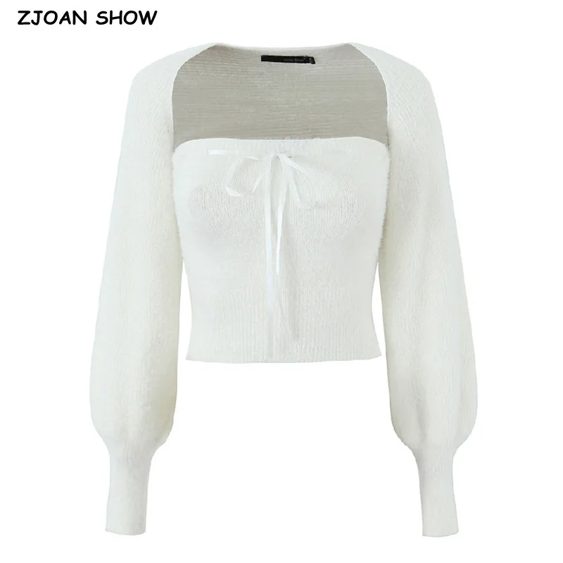 

2 pieces 1 Set 2023 Autumn Korea Style Shaggy Knitted Full Lantern Sleeve Crop Cardigan + Bow Slash Collar Tank Top Slim Corset