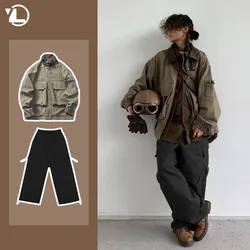 Aviator Hunting Suit Men Street Trend Lapel Multi-pocket Jacket+Retro Khaki Wide Leg Pants 2-pcs Motorcycle Punk Mens Set