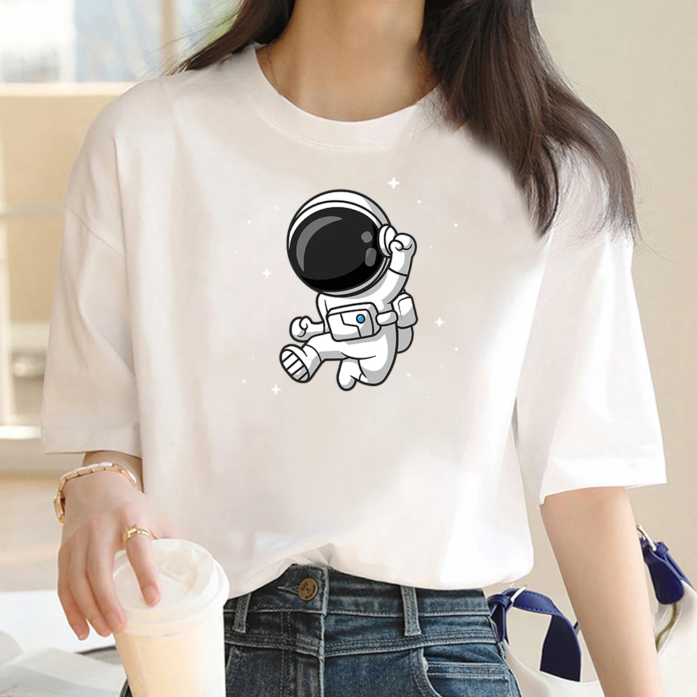 

Women's T-shirt Ins Wind White Simple Casual Self-cultivation Anime Space Astronaut Print Series Soft O-neck Commuter Ladies Top