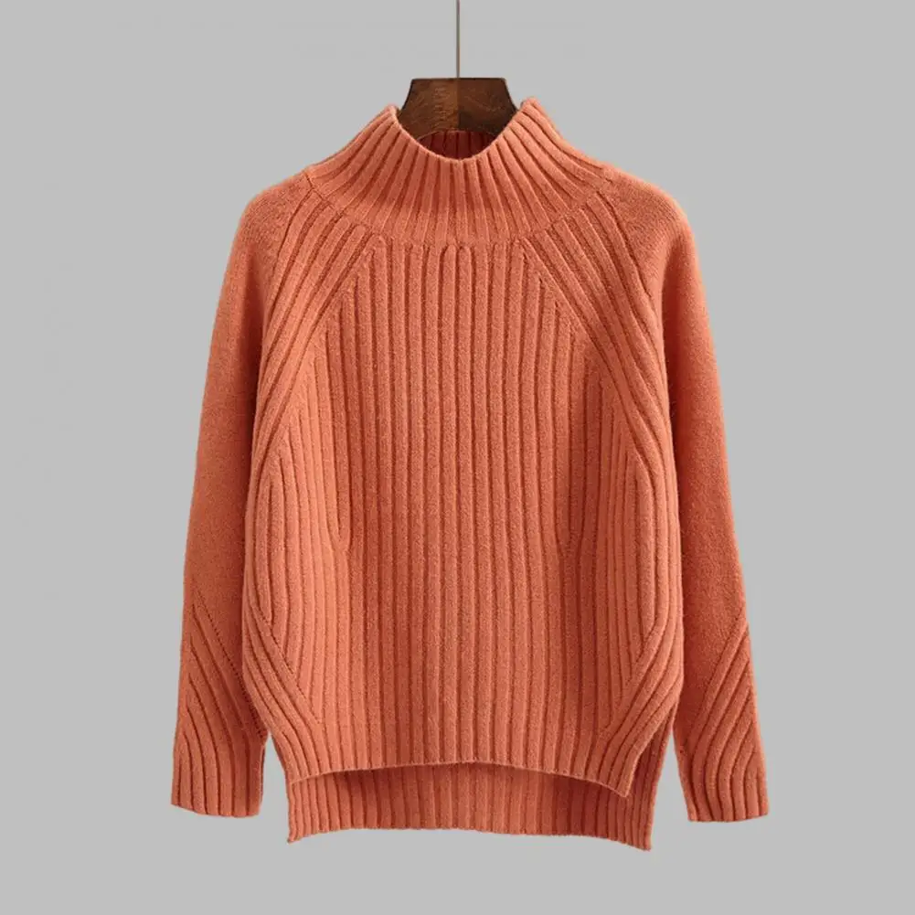 

Soft Sweater Cozy Knitted Women's Sweater Stylish Half-high Collar Loose Fit Irregular Split Hem for Warmth Comfort Solid Color