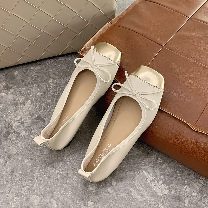 Aphixta Butterfly Knot Design Slip On Flats Soft Leather Shoes Shallow Solid Color Women Loafers  Square Toe Autumn Casual Shoes