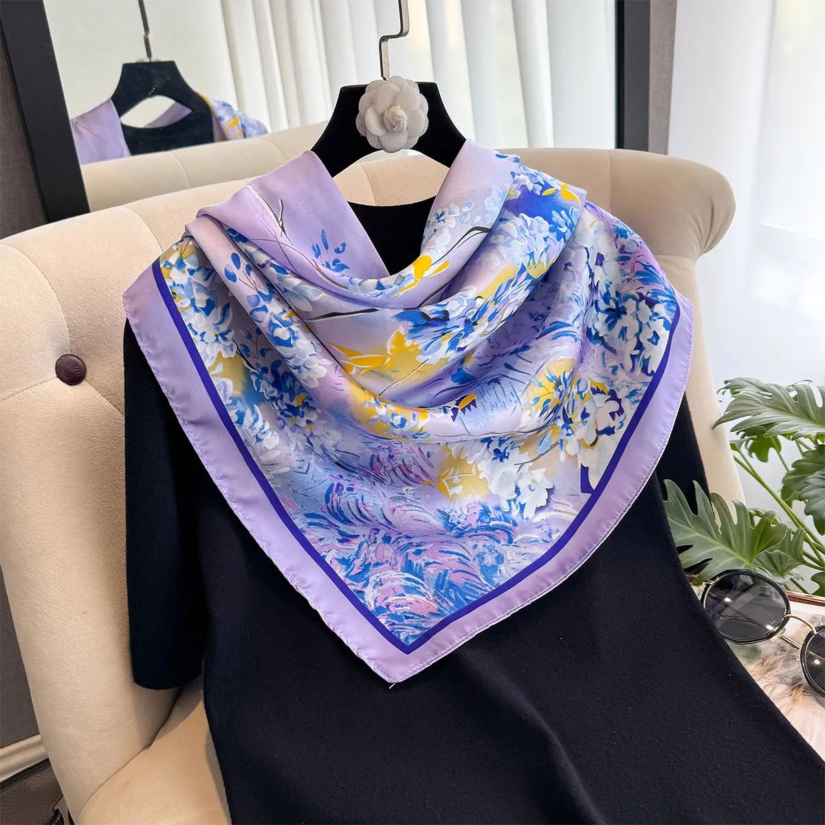 NEW Twill Silk Headband Hijab Square Scarf Print 90CM Warm Beach Stoles Shawl Wraps Female Hair Band Bag Wrist Bandana Foulard