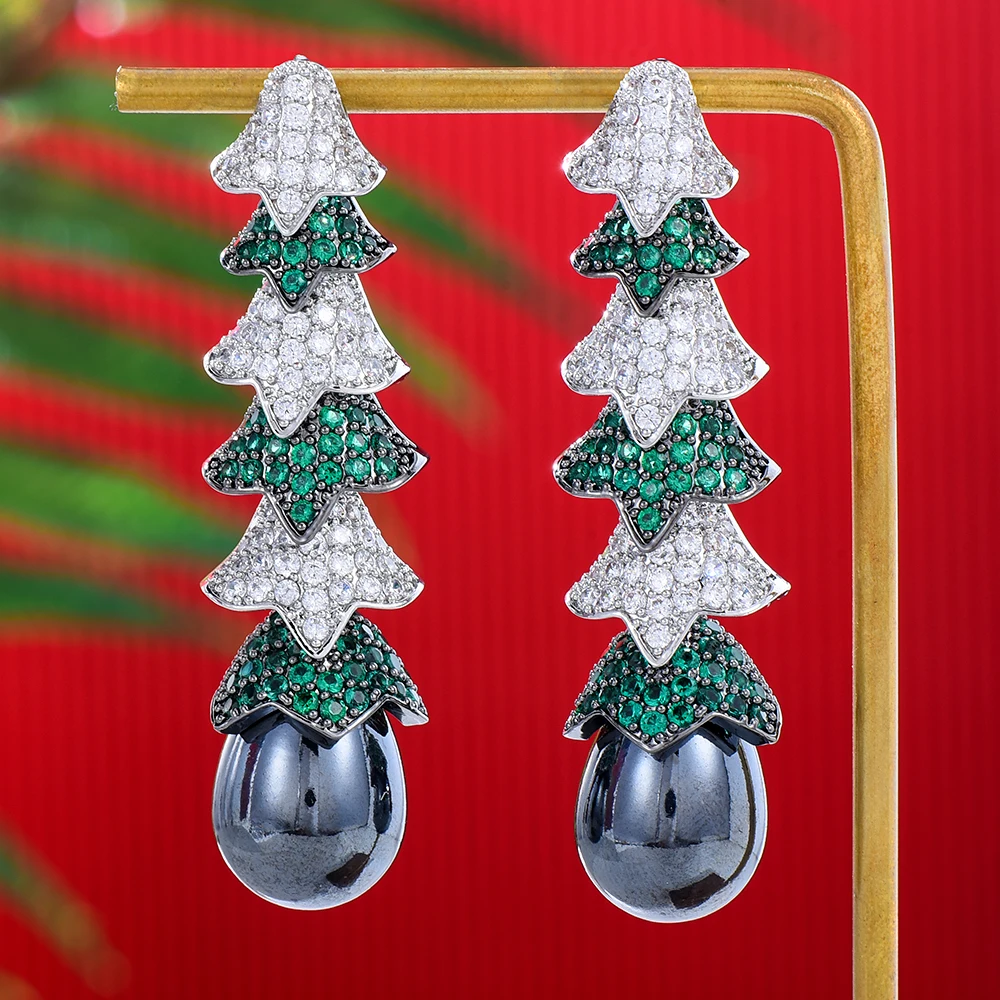 

Missvikki Gorgeous Christmas Tree Pearl Drop Earrings Full Cubic Zirconia Shiny Cute CZ for Women Wedding Trendy Earrings Bijoux
