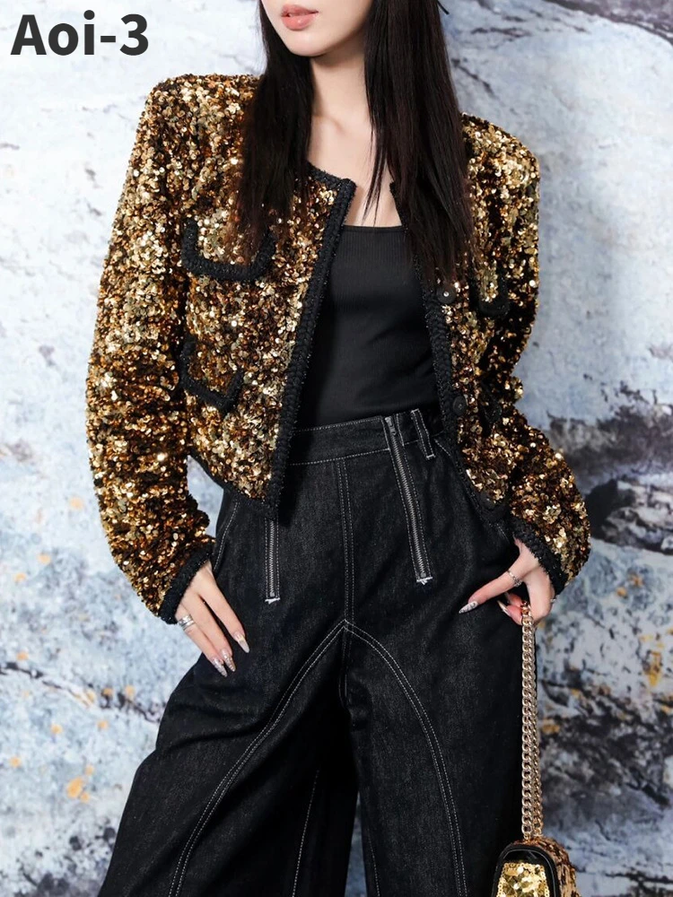 

French Elegant Golden Sequin Short Coat Women's 2023 Autumn Winter New Round Neck Long Sleeve Cardigan Fashion High Quality Tops