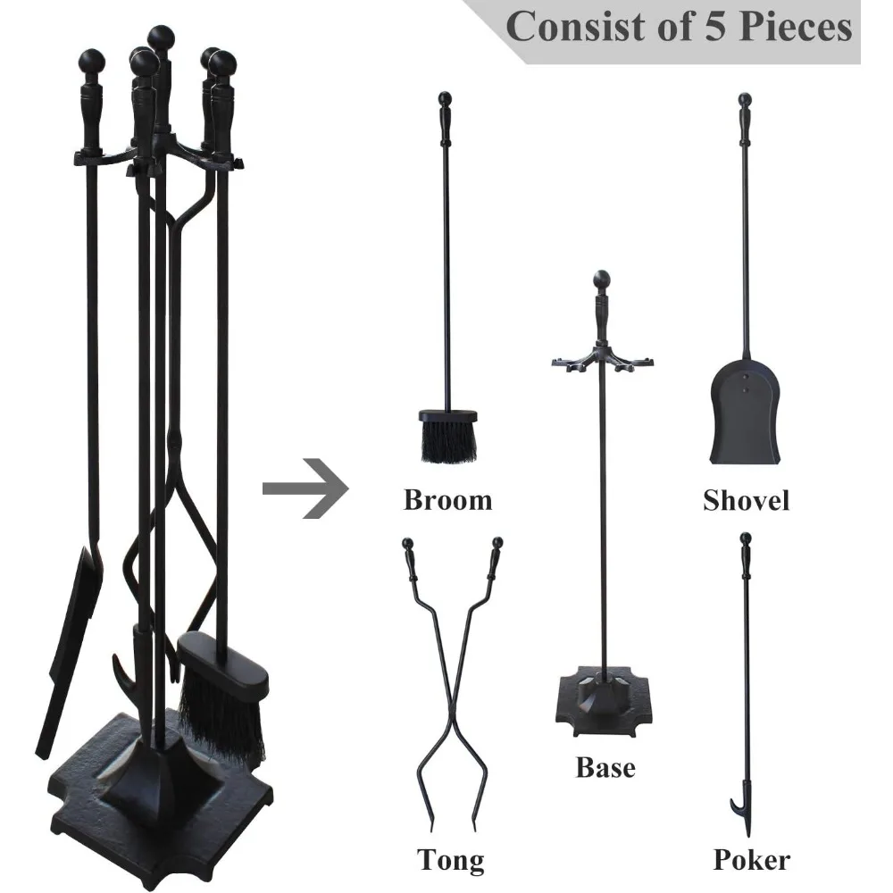 5 Pieces Fireplace Tools Fire Place Pit Poker Wood Stove Log Tongs Holder Tools Kit Sets with Handles Modern Black