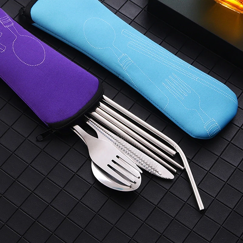 Stainless Steel Tableware Straw Fork Spoon Family Travel Camping Cutlery 8Pcs