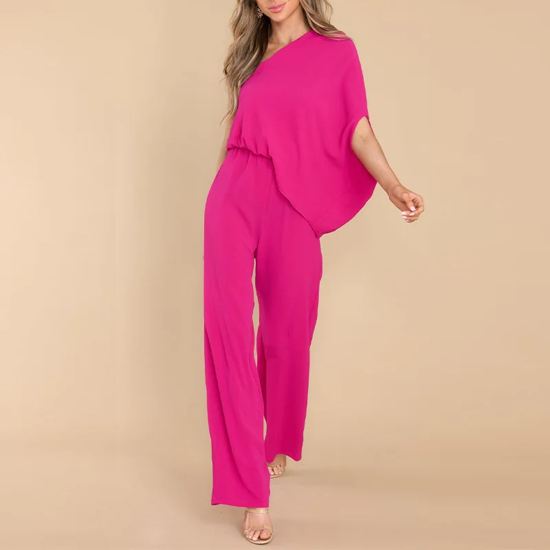 Europe and the United States new independent station women loose oblique shoulder asymmetrical casual jumpsuit