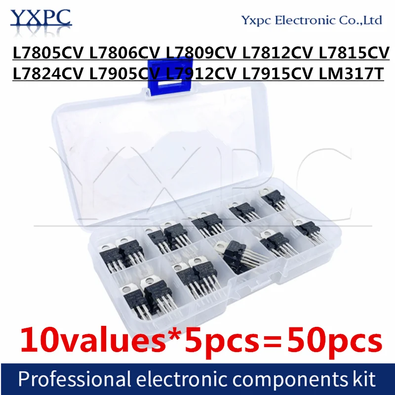 

10values*5pcs=50pcs L7805CV L7806CV L7809CV L7812CV L7815CV L7824CV L7905CV L7912CV L7915CV LM317T TO220 voltage regulator Box