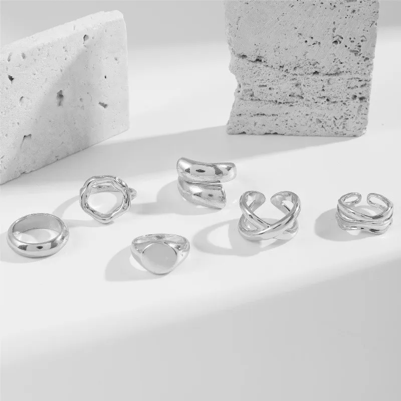 Silver Color Geometric Trendy Hollow Open Rings for Women Couple Simple Fashion Handmade Wedding Jewelry Accessories