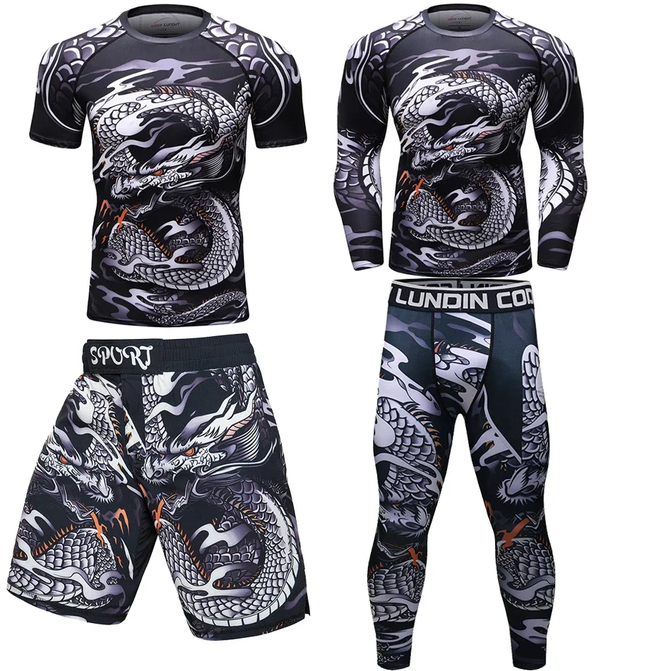 Mens MMA tömörítés sportwear ökölvívó muay Thai rashguard edzőterem Használhatóság Öltözés Futóverseny Sportág állítsa Begyakorlás bodybuilding Felsőruha