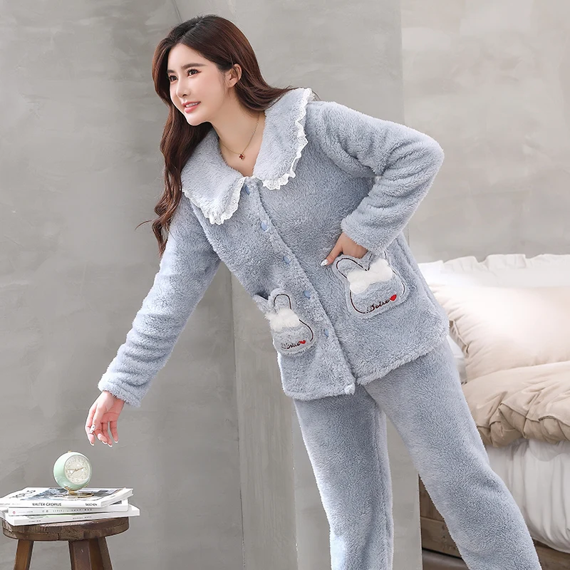 Winter coral velvet cardigan button jacquard plush pajamas for women cute sweet thickening casual flannel pajamas home clothes