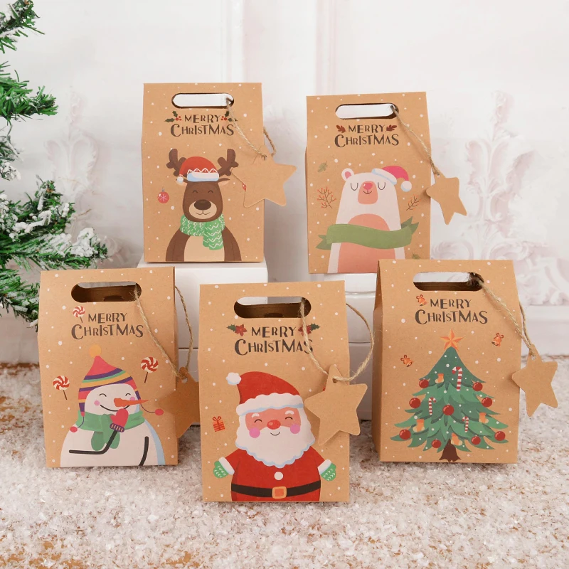 

6pcs Merry Christmas Kraft Paper Boxes Santa Claus Snowman Tree Candy Cookie Gift Packaging Box Bags Navidad Xmas Party Decor