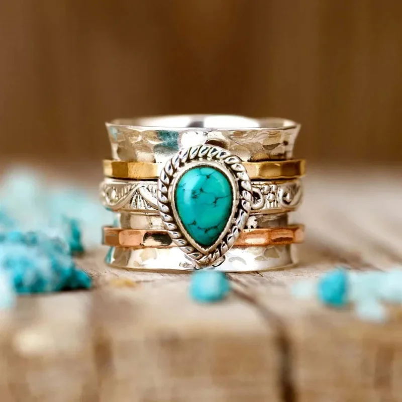 Bohemian Rings Vintage Turquoise Plated Tricolor Men's and Women's European and American Wedding Gemstone Rings