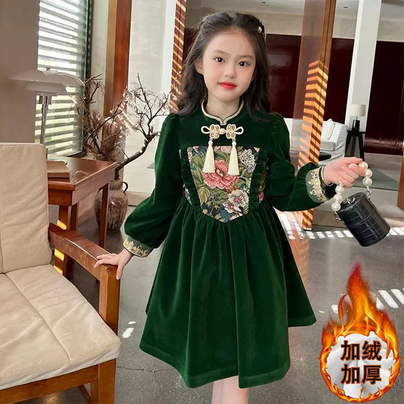 

Girls' Chinese Style Dress 2024 New Year Winter Fleece-Lined Chinese Cheongsam Dress Festive Princess Skirt Trendy