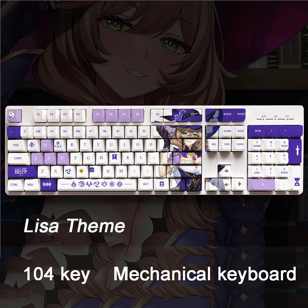 

Клавиатура Genshin Impact с 104 клавишами, аниме клавиатура Ху Тао кецин, украшение PBT, аксессуары для косплея, игровые колпачки Genshin