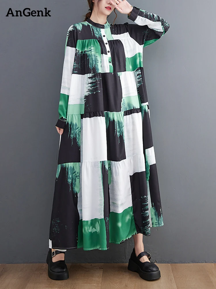 

Женское платье-рубашка с длинным рукавом, повседневное Длинное свободное платье составного кроя с винтажным принтом, весна-осень 2023