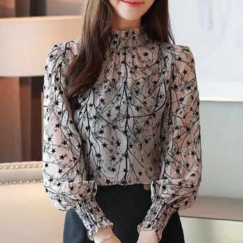 Women Chiffon Blouses 2023 Casual Stand Collar Floral Women Clothing Long Sleeve Printed Shirt Women Tops Chemise Femme 6197 1