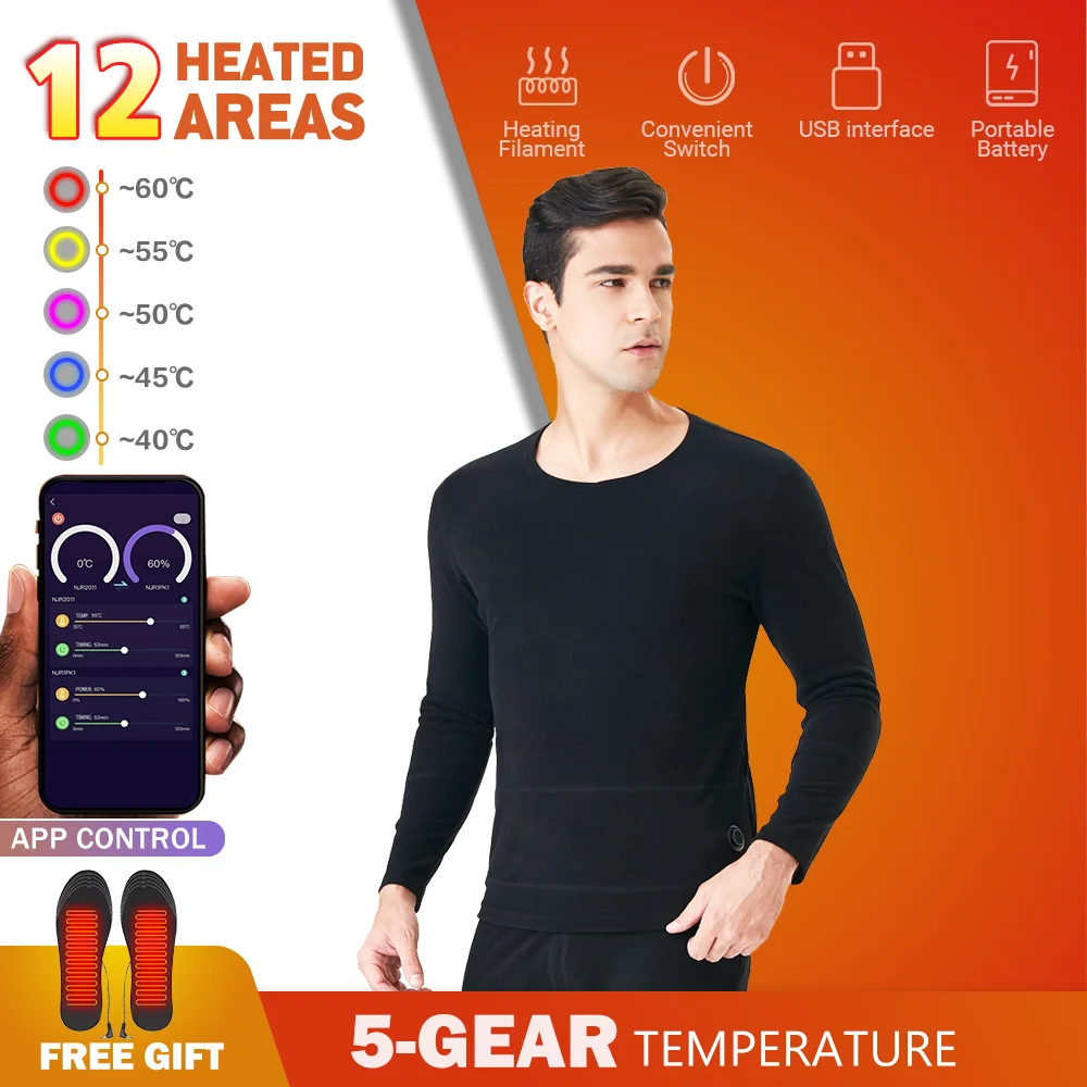 Heated Thermal Underwear Heating Motorcycle Jacket Underwear Clothes Men  Smart Phone APP Control Temperature USB Battery Powered