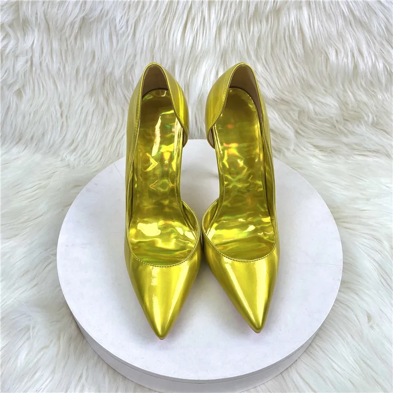 2023 new patent leather gold high-heeled shoes 12CM pointed thin heel sexy single shoes side empty wedding pumps