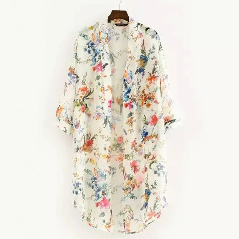 

Women Vintage Floral Chiffon Shirts Small Fresh Simple Long Sunscreen Blouse Loose Shawl Kimono Cardigan Boho Tops