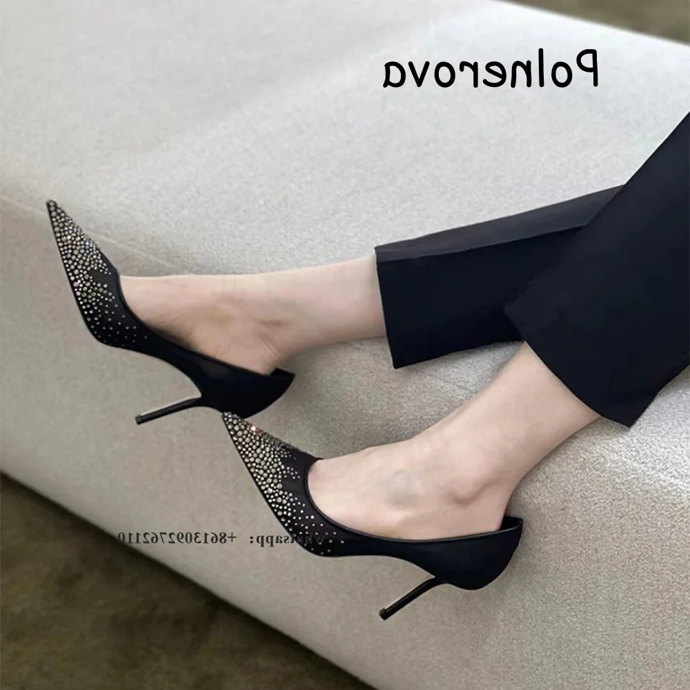 Rhinestone Pointed Toe Pumps Thin Heels Women's Shoes Mesh Solid Shallow Summer Party Casual Sexy Slip On Runway Show Shoes
