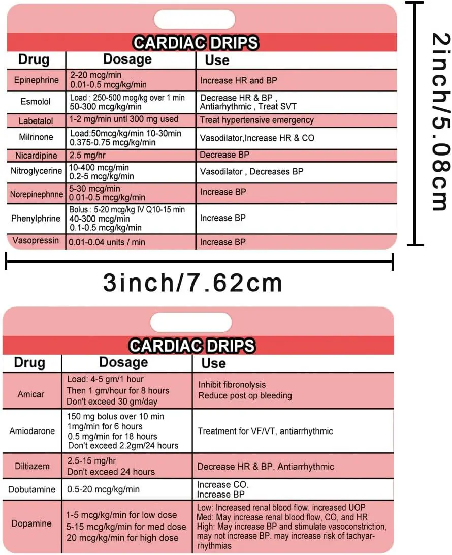 Red Cardiac Drips Reference Horizontal Badge Card 2x3 Inch Cardiac Badge Card Emergency Nurse Reference 4 Pcs
