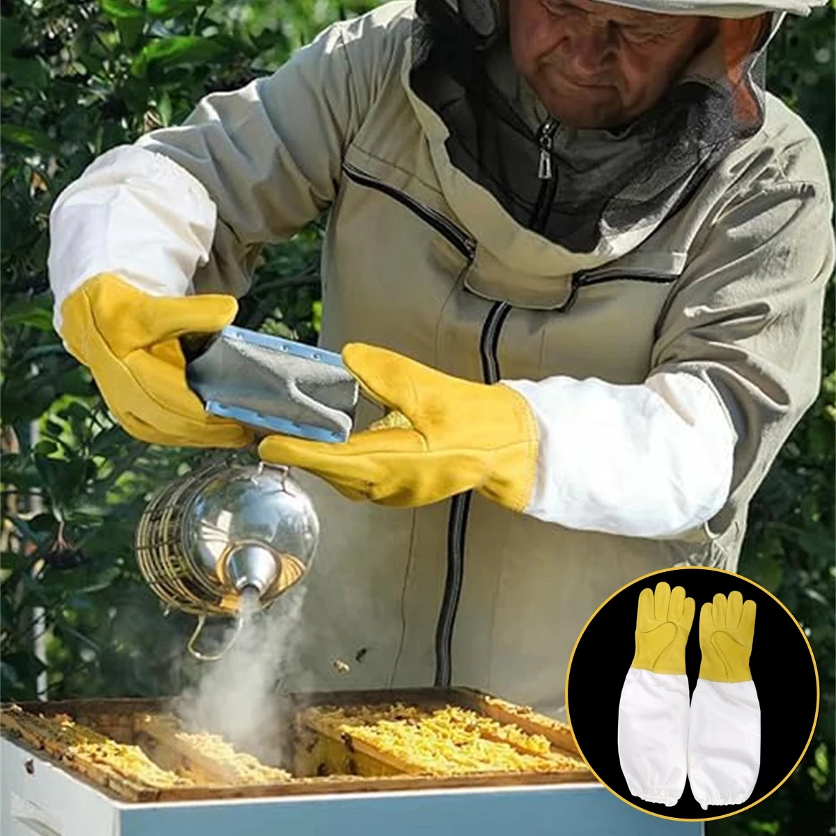 1Pair Breathable Beekeeping Gloves Soft Hand Straight Thumb Long Sleeves Sheepskin and Ventilation Fabric Apiculture Gloves 50cm